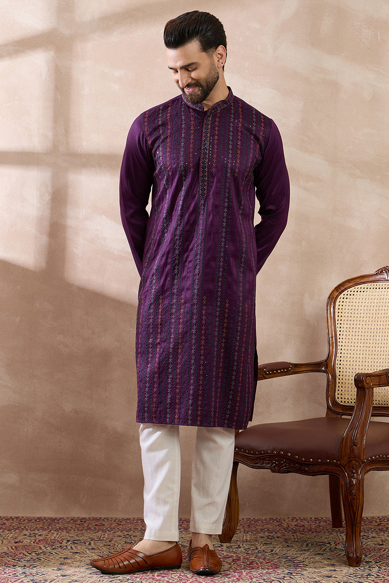 Purple Silk Blend Embroidered Mandarin Collar Straight Kurta For Men | SHOBITAM
