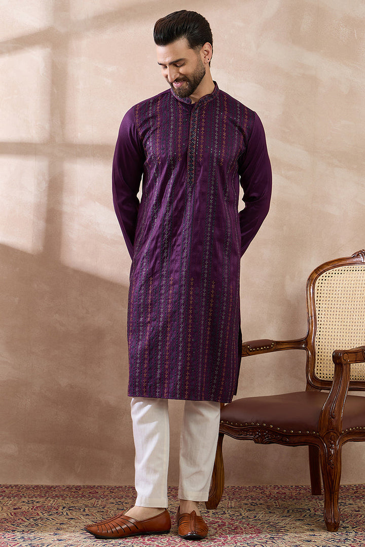 Purple Silk Blend Embroidered Mandarin Collar Straight Kurta For Men | SHOBITAM