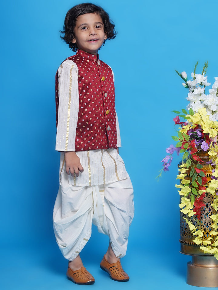 Chand Sitare Nehru Jacket with Cotton Dhoti Kurta - Cream & Maroon | SHOBITAM