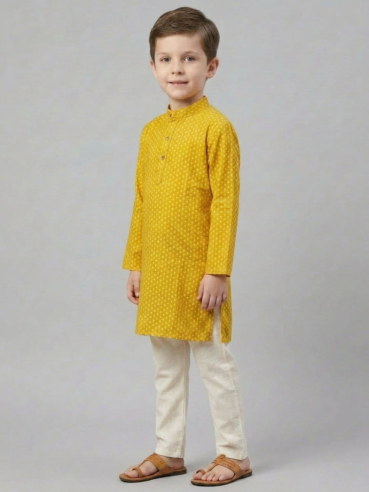 Boys Mustard Yellow Printed Mandarin Collar Cotton Kurta Set | SHOBITAM
