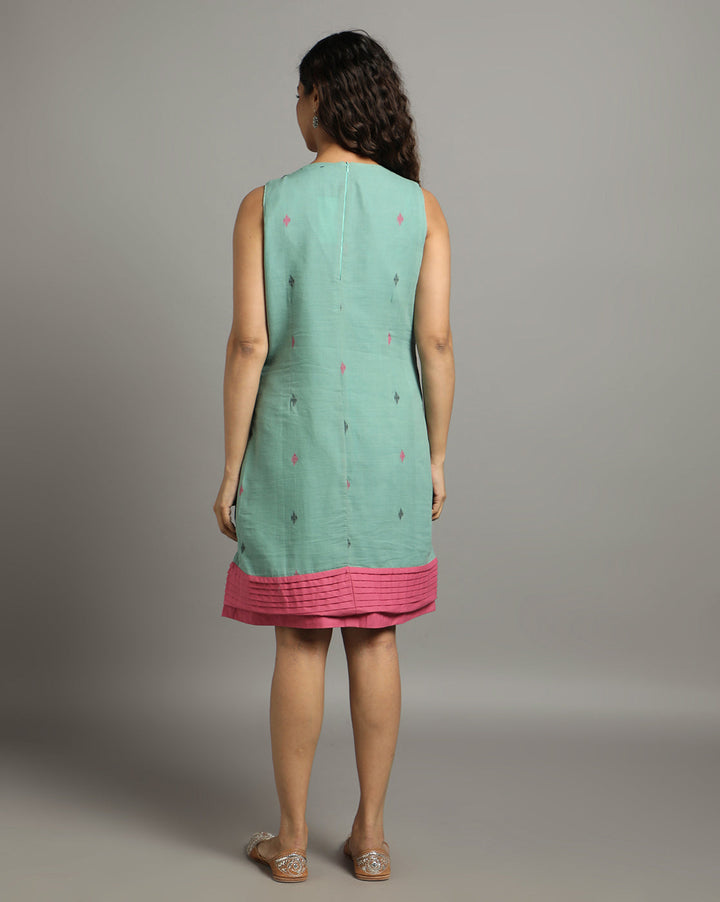 Sea Green Pink Cotton Handloom Dress | SHOBITAM