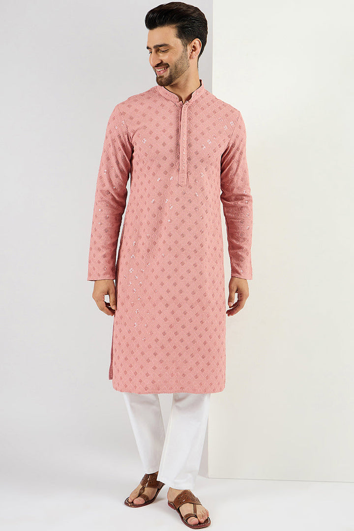 Pink Viscose Rayon Embroidered Straight Kurta With Pant Set | SHOBITAM