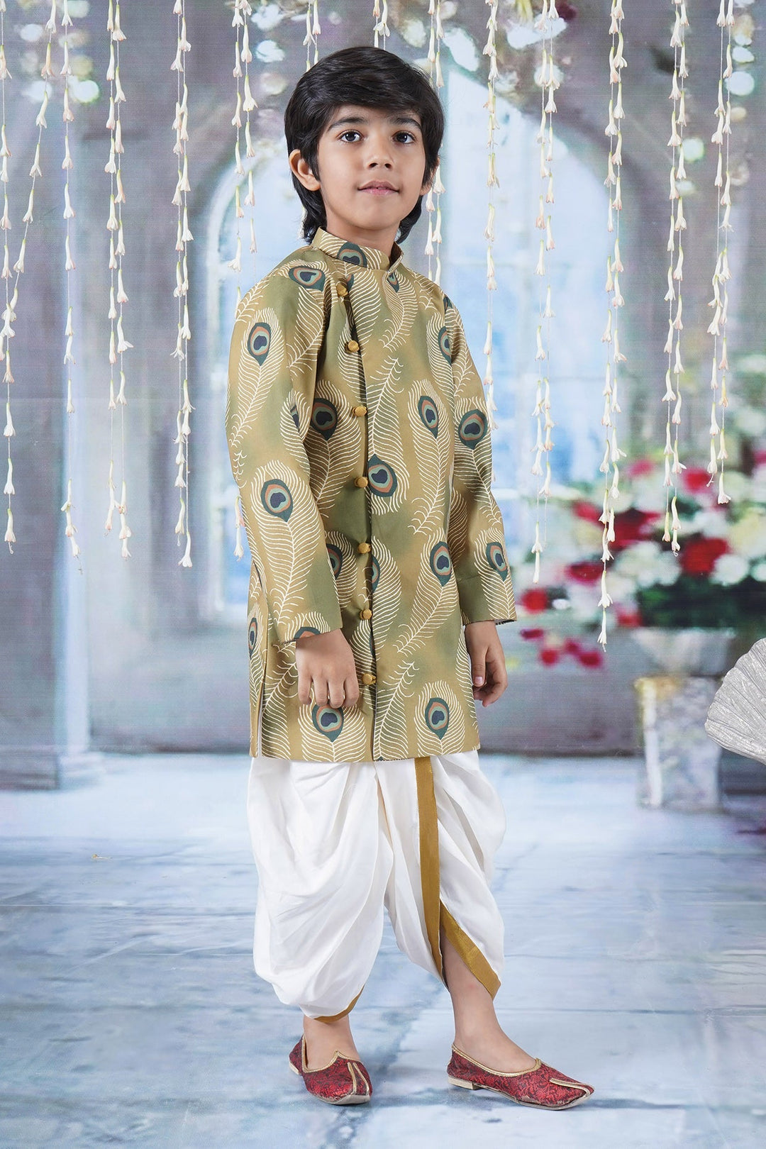 Boys Cotton Full Sleeves Peacock Feather Sherwani with Dhoti -Mustard Yellow | SHOBITAM