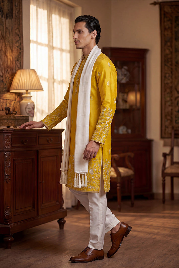 Men Yellow Chanderi Silk Solid Embroidered Straight Kurta Trouser with Dupatta | SHOBITAM
