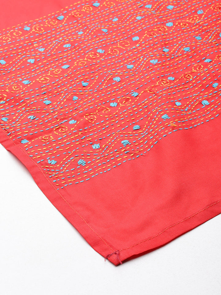 Red & Yellow Kantha Art Silk Stole | SHOBITAM