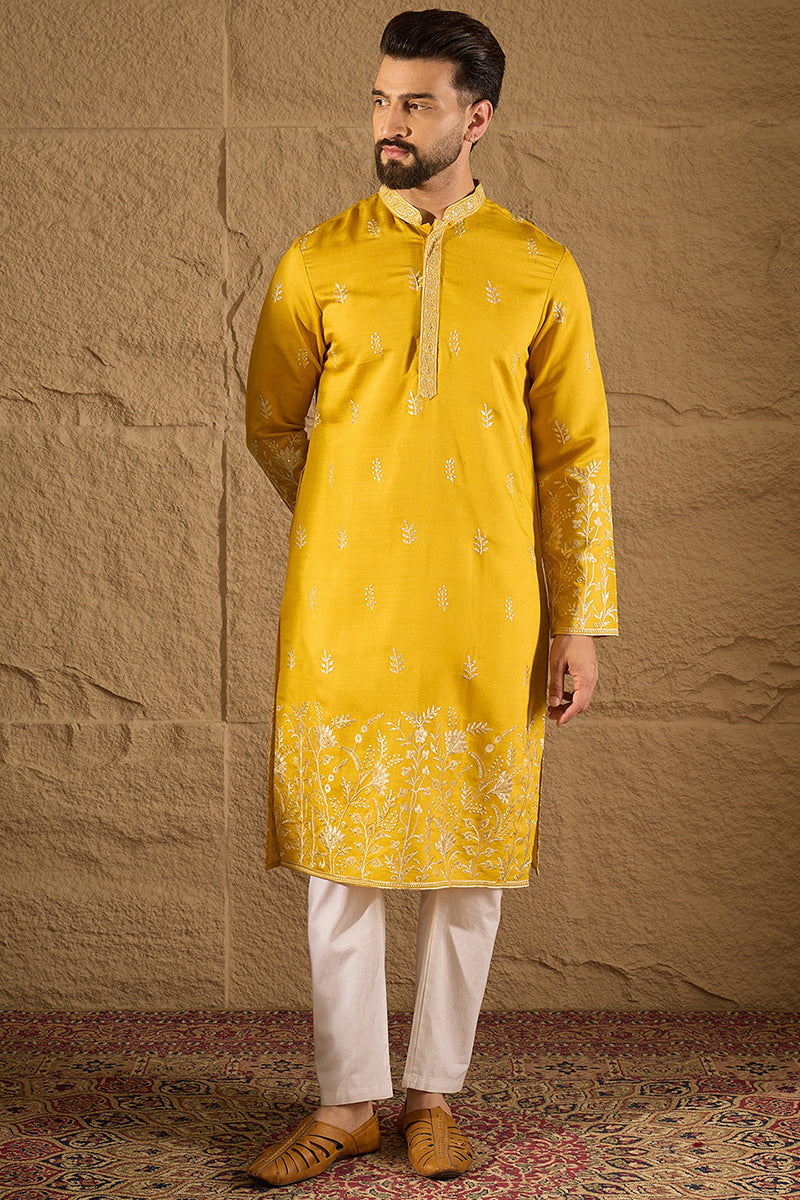 Yellow Chanderi Silk Solid Embroidered Straight Kurta with Trouser | SHOBITAM