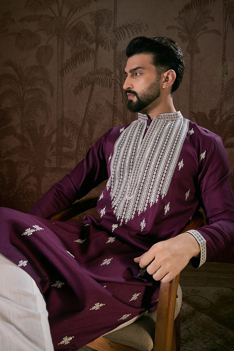 Purple Silk Blend Solid Embroidered Straight Kurta | SHOBITAM
