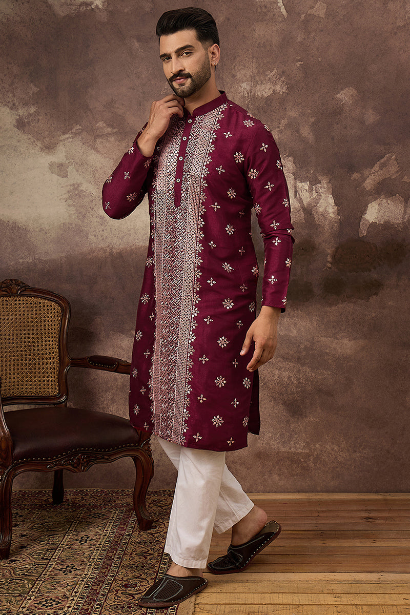 Maroon Silk Blend Solid Embroidered Straight Kurta | SHOBITAM