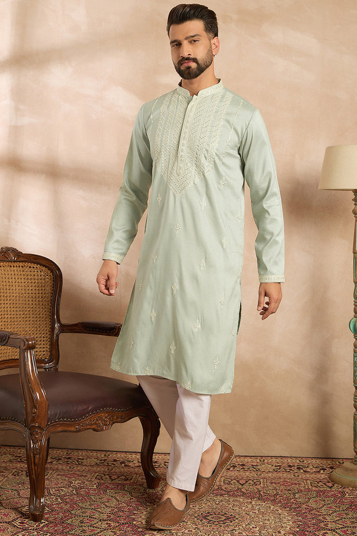 Green Silk Blend Geometric Embroidered Straight Kurta | SHOBITAM