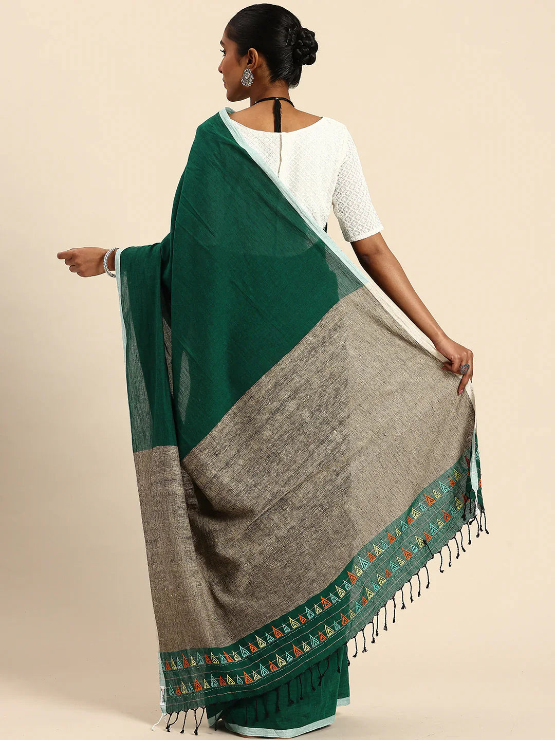 Dark Green 100% Cotton Handloom Saree with Kantha Embroidery on Ghicha Pallu and Blouse Piece