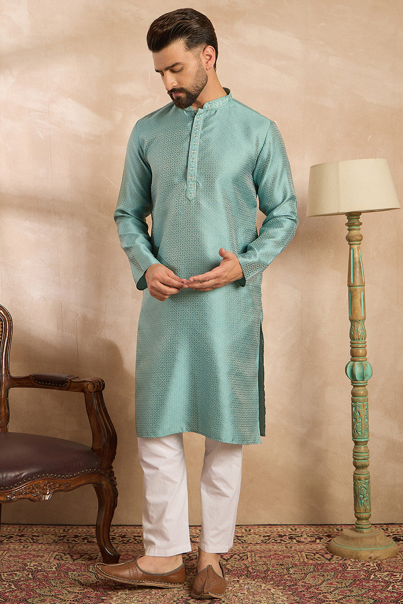 Green Polyester Solid Embroidered Straight Kurta | SHOBITAM