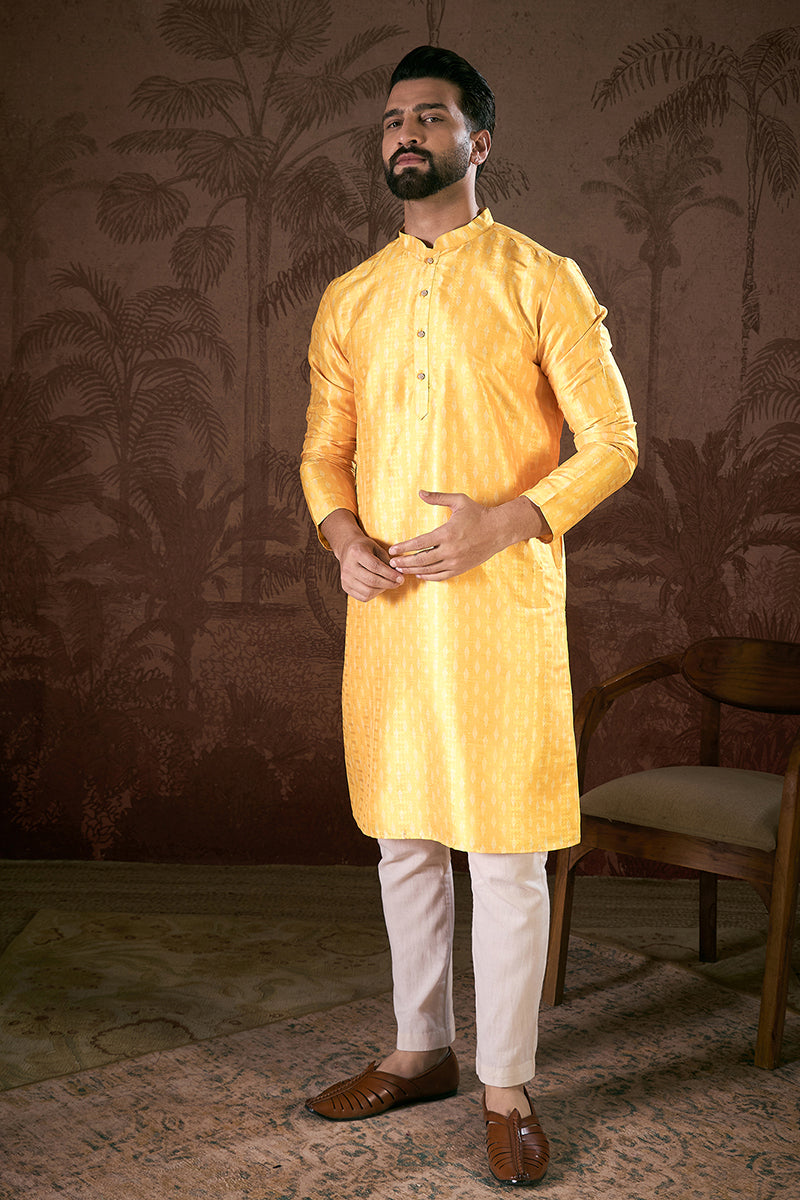 Yellow Silk Blend Ethnic Motifs Printed Straight Kurta With Trouser | SHOBITAM