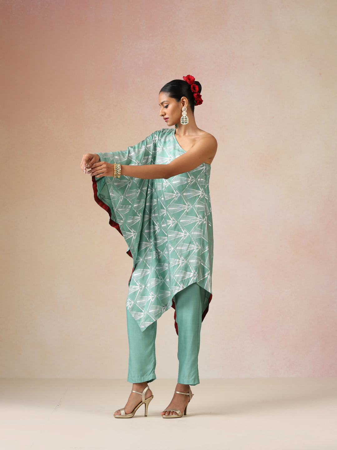 Mint Green Silver Foil Print Muslin Silk Asymmetric One-Shoulder Kurta Co-ord Set | SHOBITAM