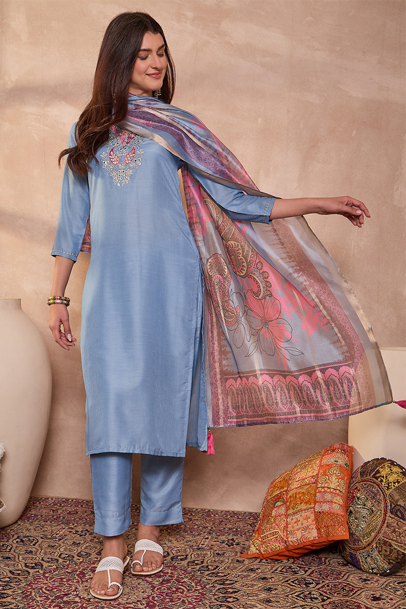 Blue Rayon Blend Solid Embroidered Straight Kurta Trouser With Dupatta | SHOBITAM