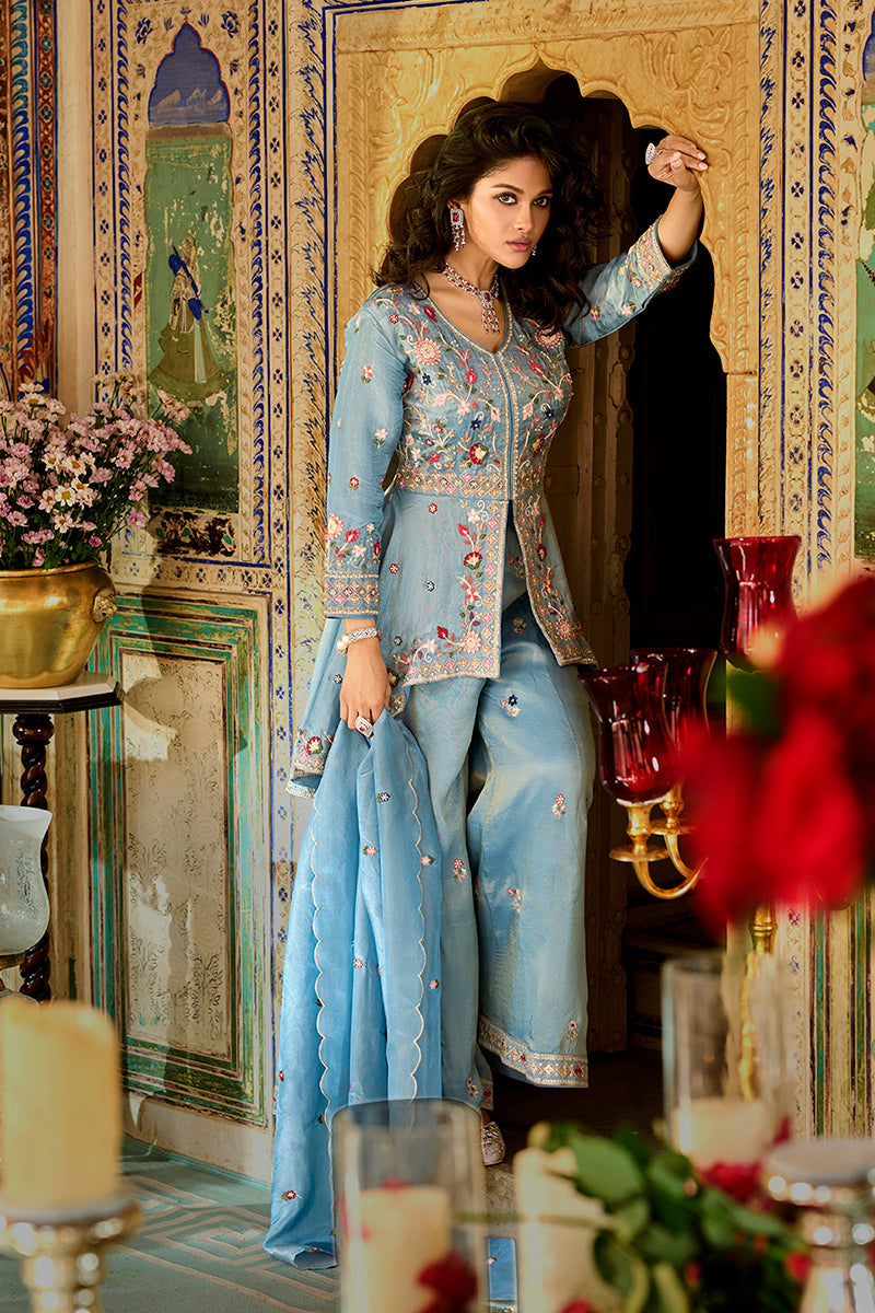 Blue Solid Embroidered Straight Kurta Palaazo with Dupatta | SHOBITAM