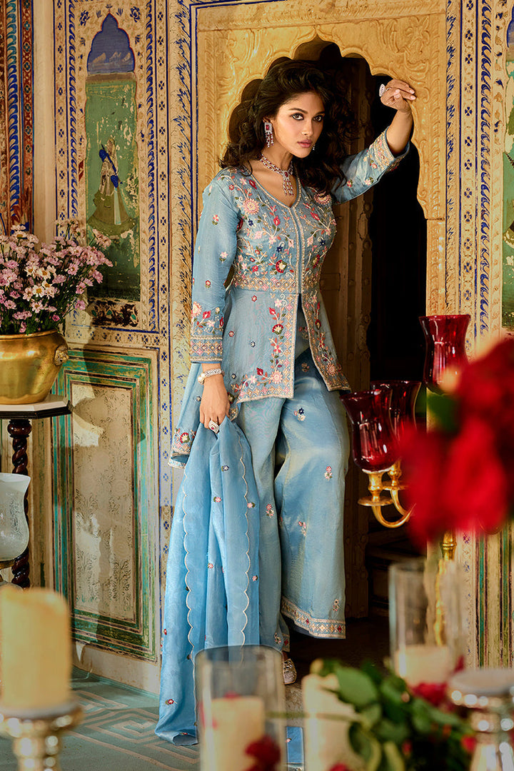 Blue Solid Embroidered Straight Kurta Palaazo with Dupatta | SHOBITAM