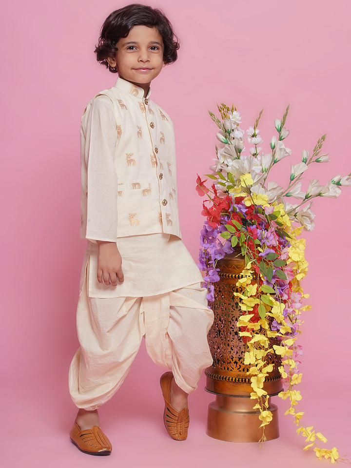 Cotton Sleevelees Golden Deer Embrodiery Nehru Jacket with Kurta and Dhoti - Cream | SHOBITAM