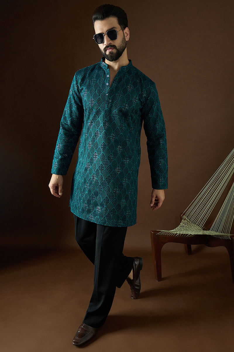 Teal Georgette Solid Embroidered Straight Kurta | SHOBITAM