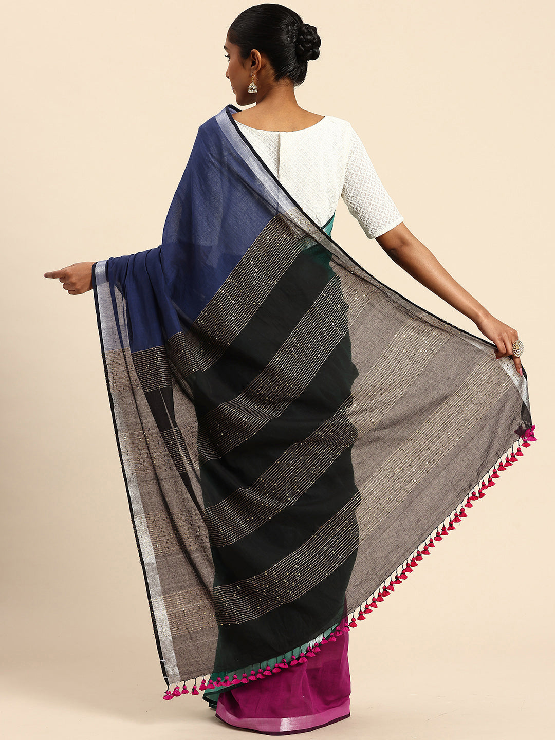 Green, Magenta & Blue Handloom Cotton Sequins Saree | SHOBITAM