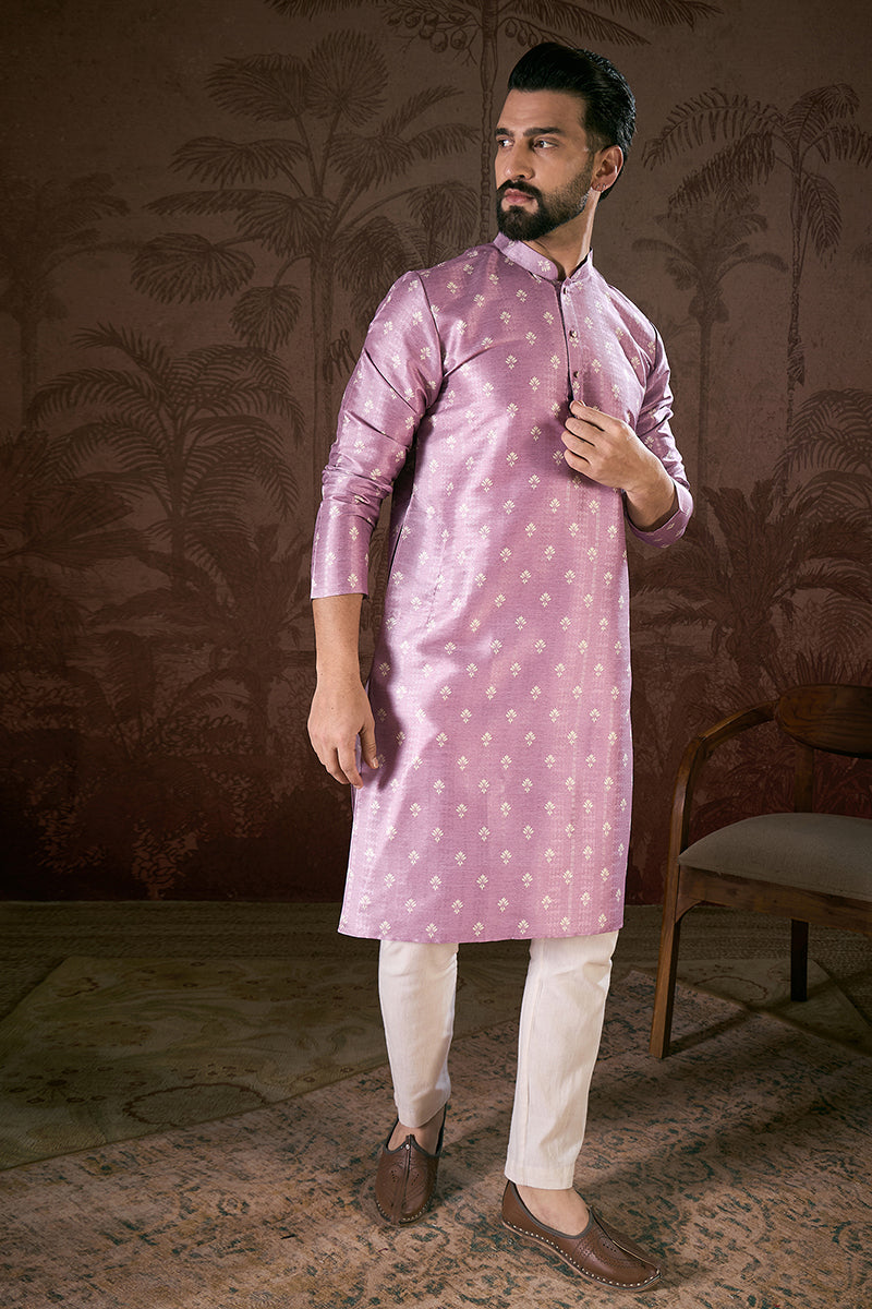 Lavender Silk Blend Floral Printed Straight Kurta For Men | SHOBITAM