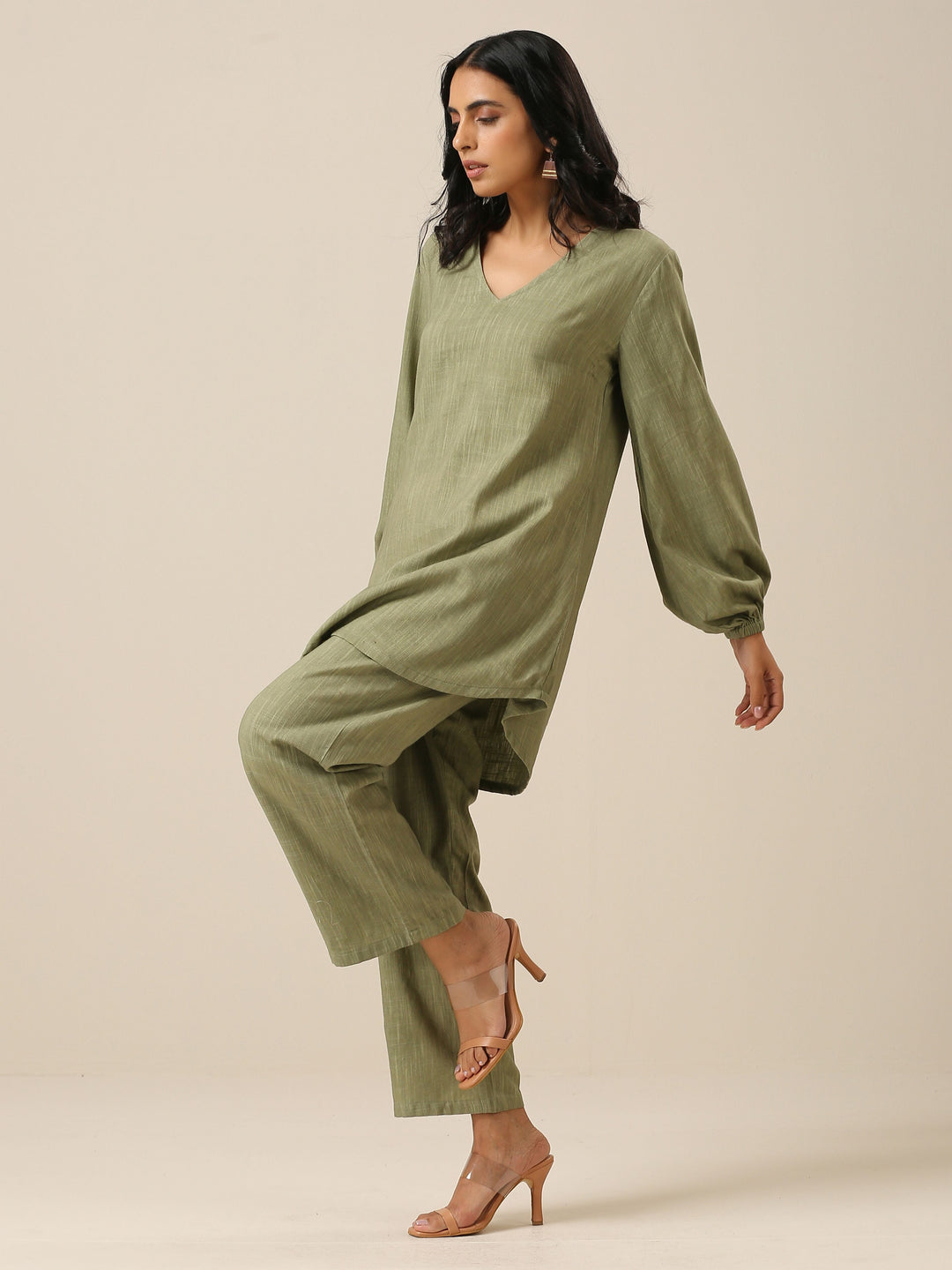 Sage Slub Textured Short Co-Ord Set | SHOBITAM