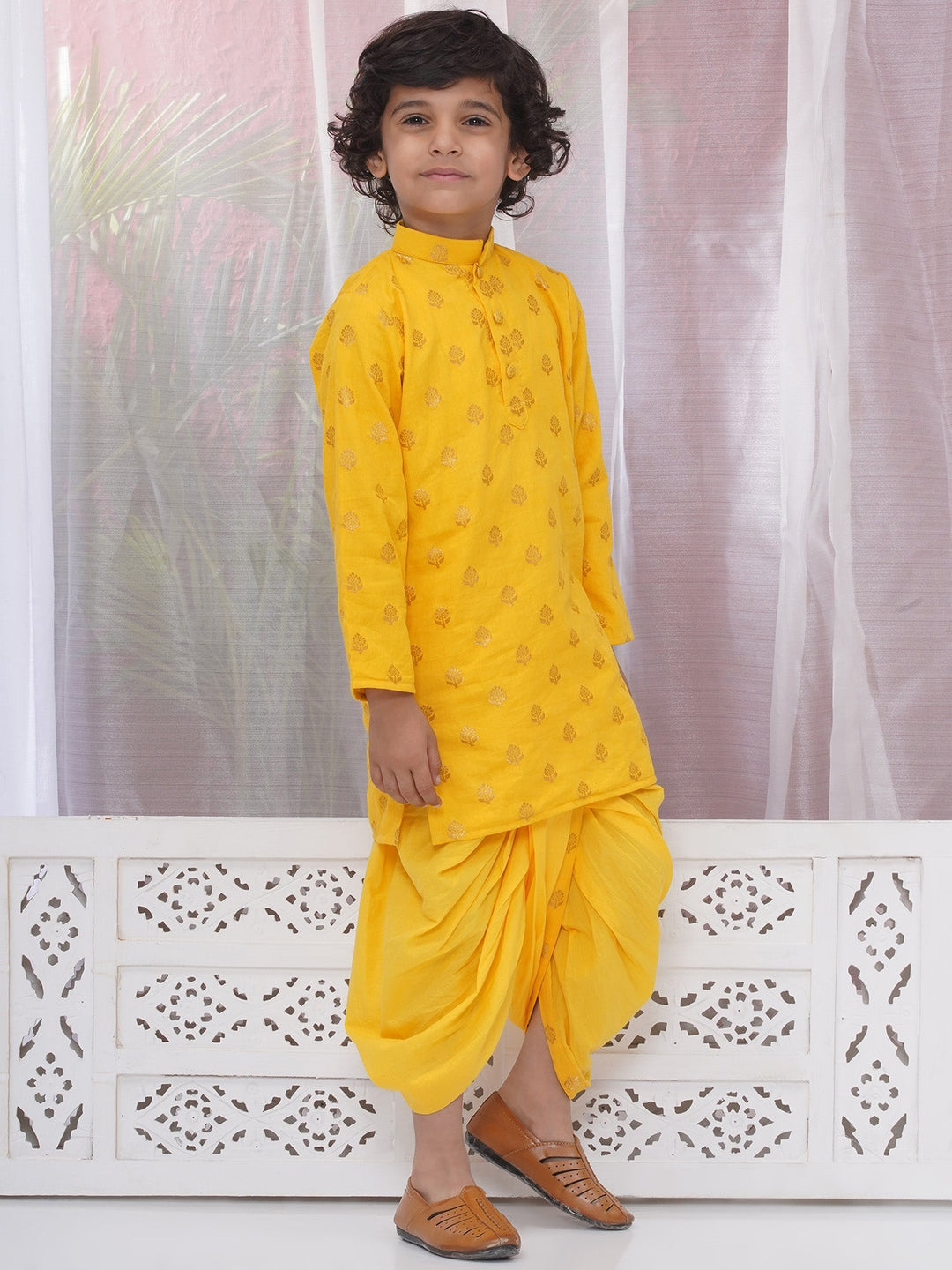 Boys Cotton Full Sleeves Kurta and Dhoti with Golden Floral Zari Work- Haldi Yellow | SHOBITAM