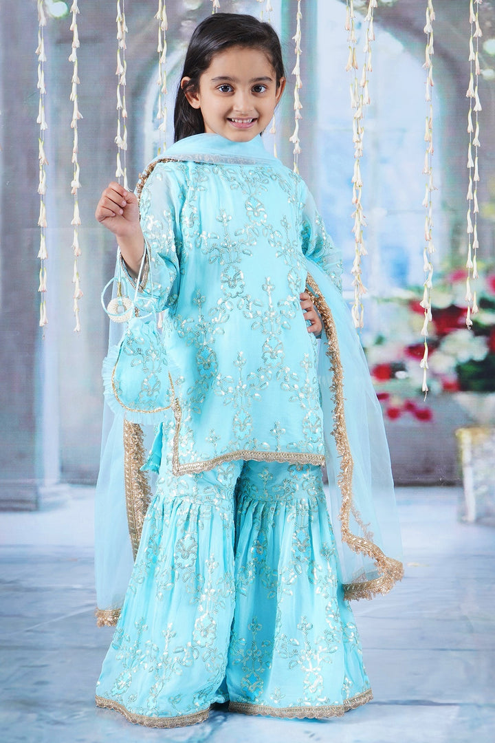 Girls Cotton Candy Blue Kurta with Irish Thread and Sequin work Embroidery with Sharara, Dupatta and Potli | SHOBITAM