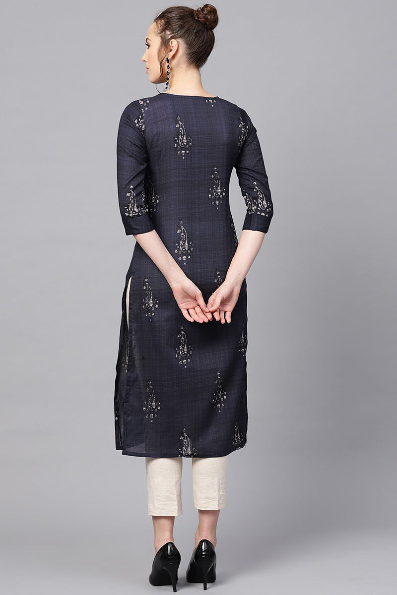 Rayon Blend Navy Blue and Off-White color Printed Straight Kurta | SHOBITAM