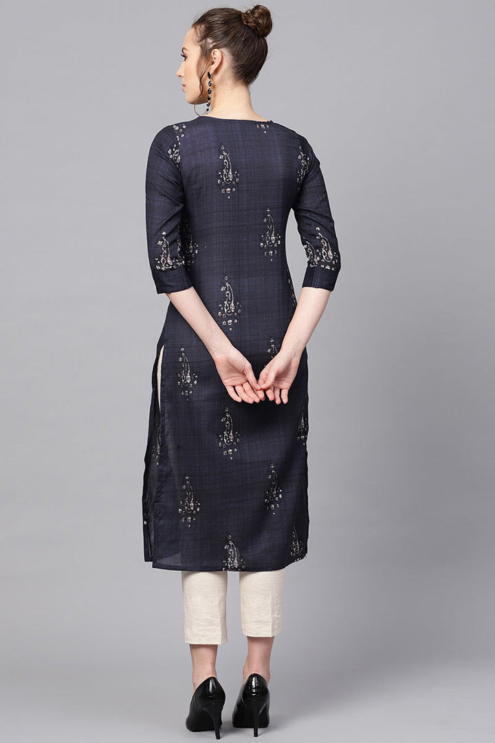Rayon Blend Navy Blue and Off-White color Printed Straight Kurta | SHOBITAM
