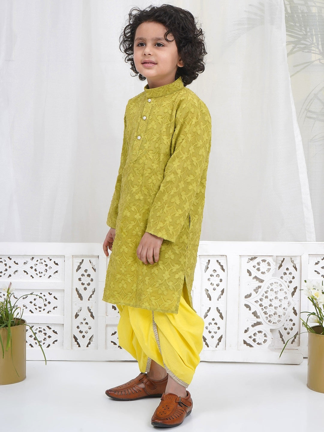 Boys Cotton Full Sleeves Self Weaving Kurta with Dhoti and Pearl Buttons - Green | SHOBITAM