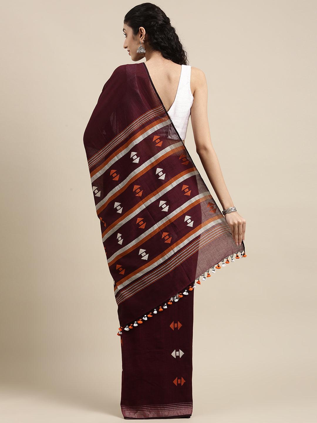 Brown Orange Jamdani Cotton Saree with blouse piece | SHOBITAM