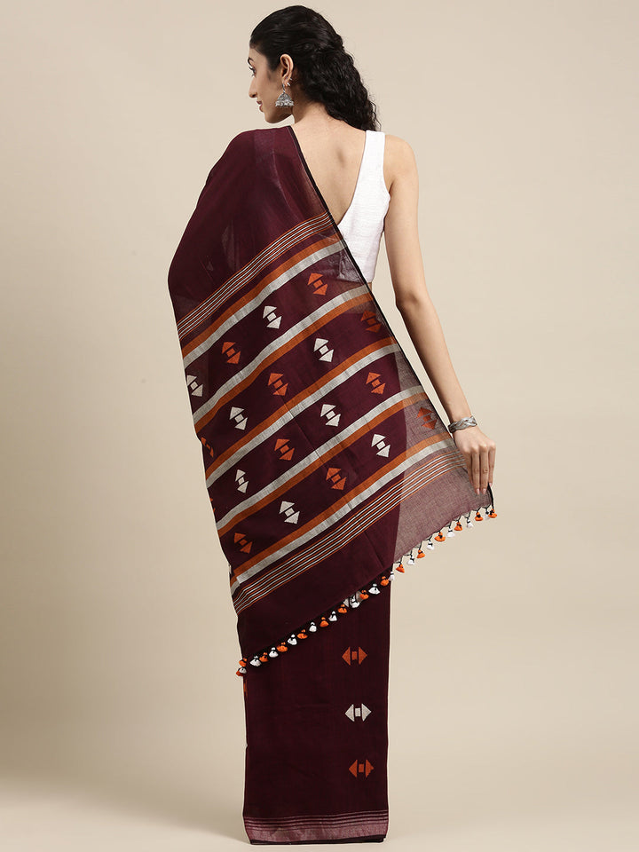 Brown Orange Jamdani Cotton Saree with blouse piece | SHOBITAM