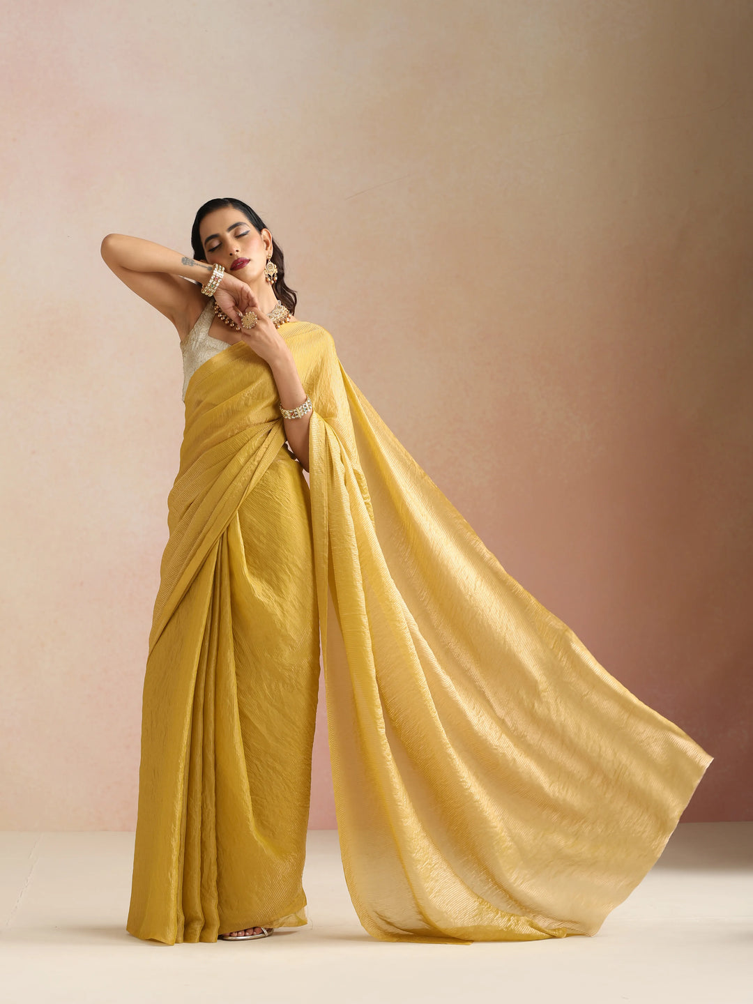 Mustard Tissue Stripe Saree With Unstitched Blouse | SHOBITAM