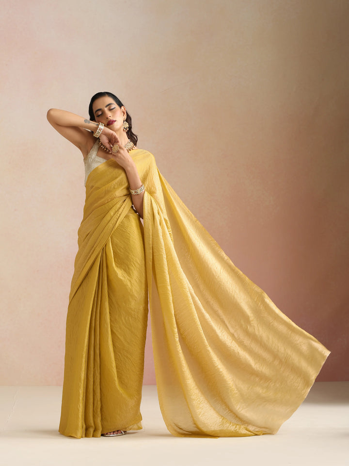 Mustard Tissue Stripe Saree With Unstitched Blouse | SHOBITAM