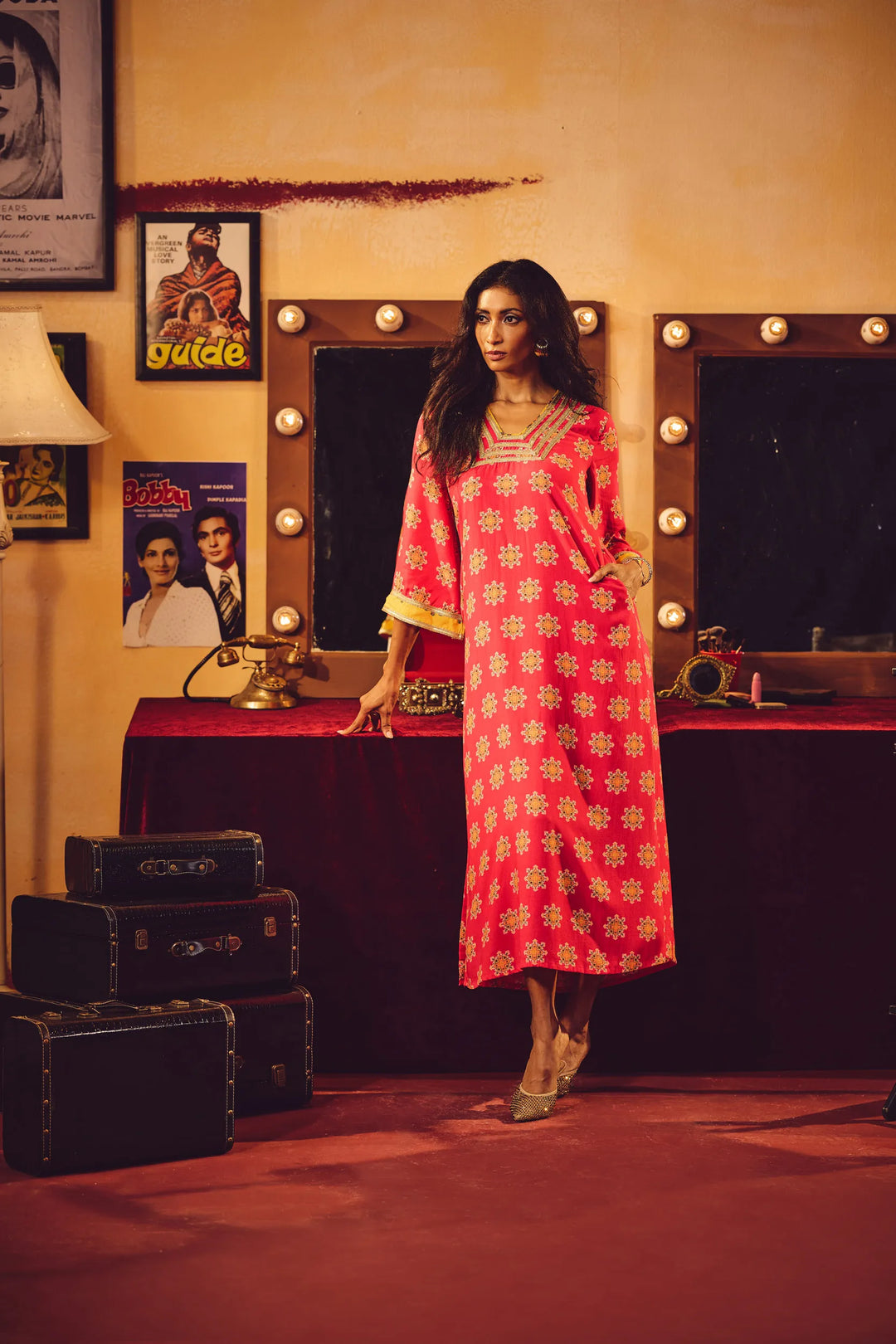 Pink Boota Print Viscose Straight Maxi Dress | SHOBITAM