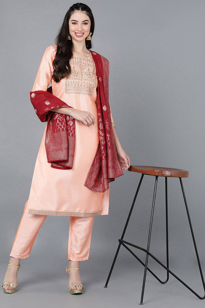 Peach Poly Silk A-Line Kurta Pant With Dupatta  | SHOBITAM