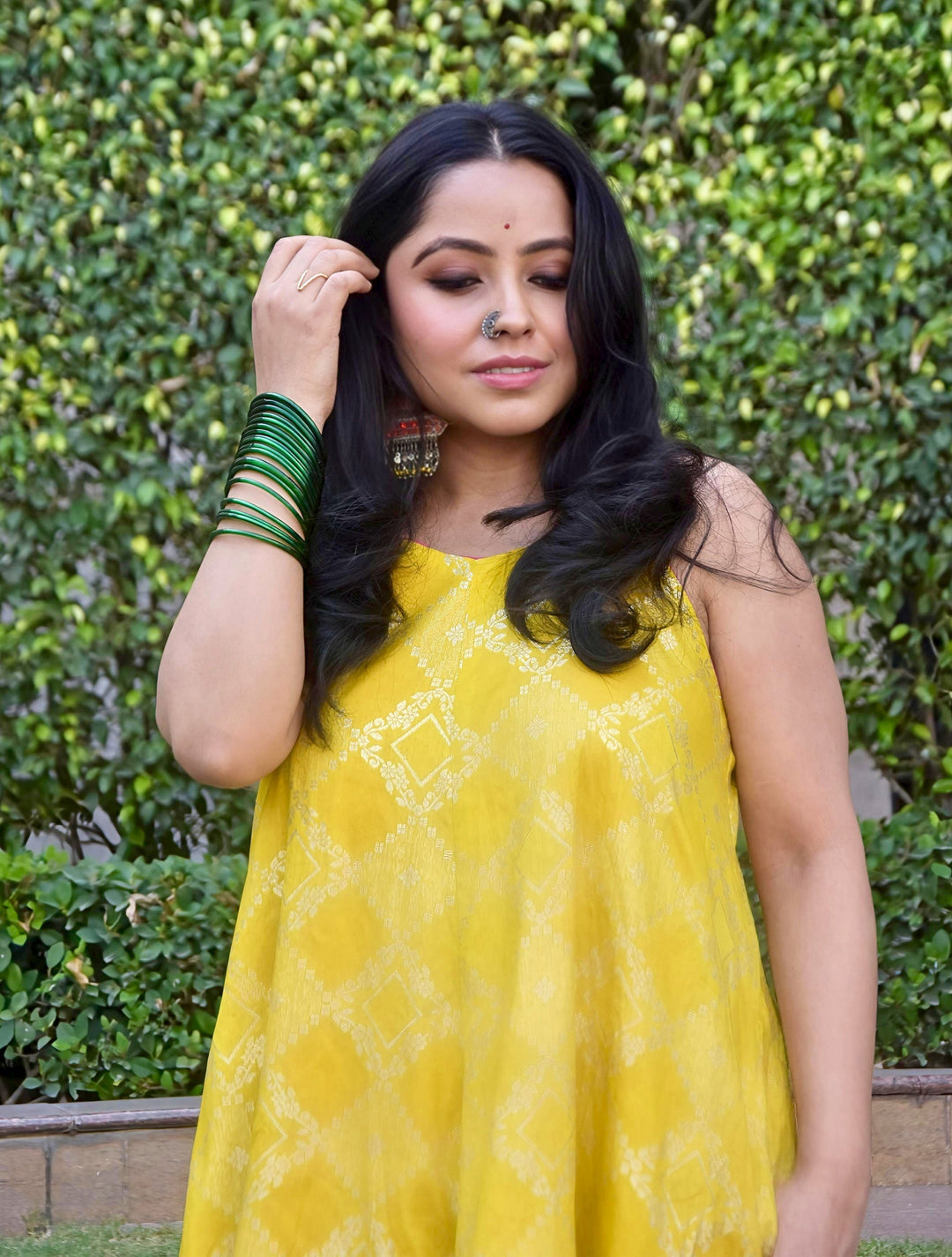 Lime Brocade Flared Kurta Set |  SHOBITAM
