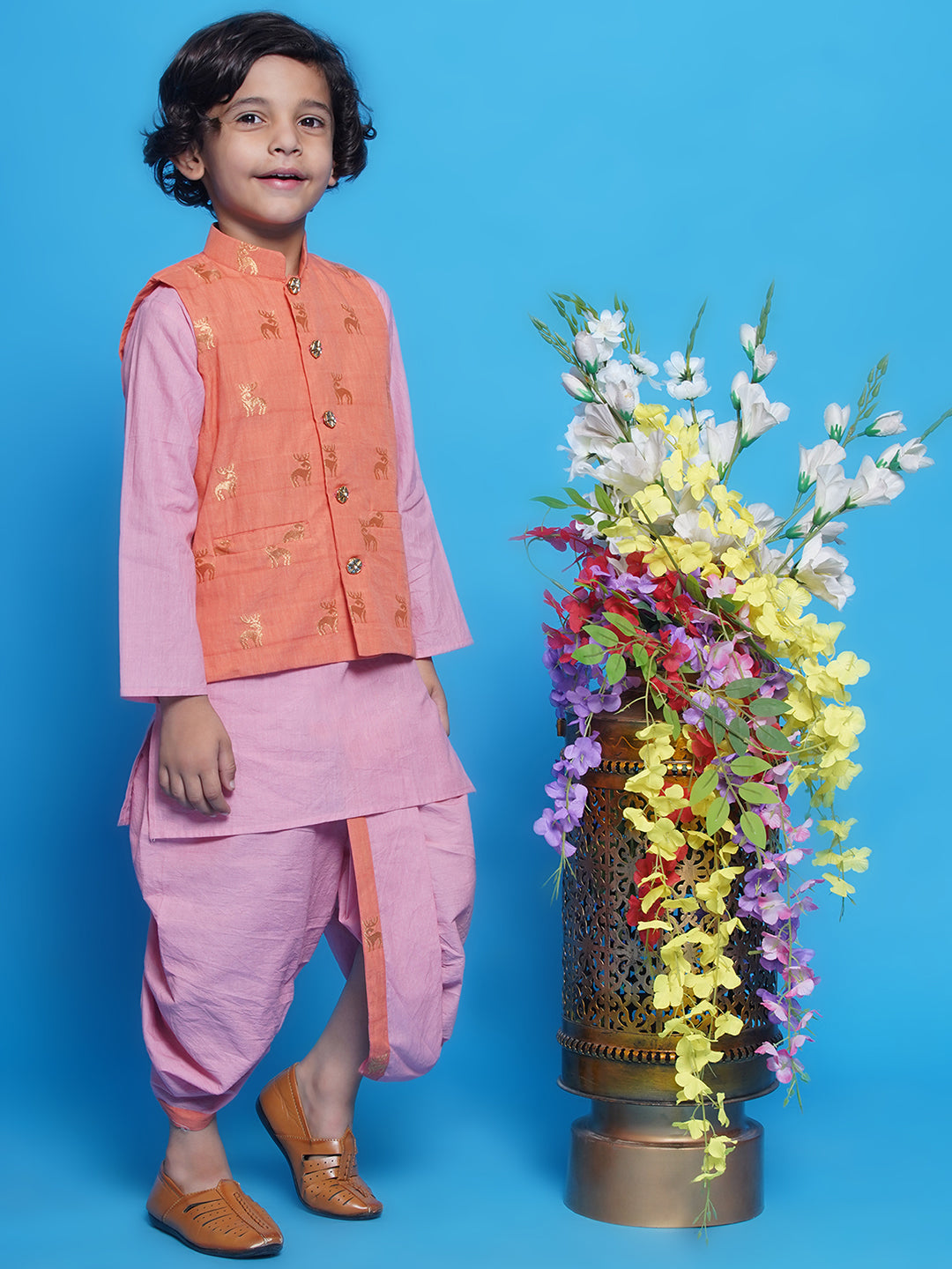 Cotton Sleeveless Golden Deer Embrodiery Nehru Jacket with Kurta and Dhoti - Peach | SHOBITAM
