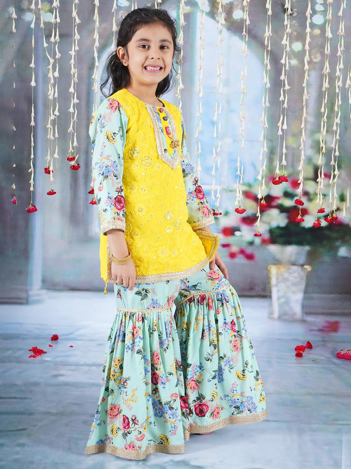 Rajasthani Floral Embroidery & Print Kurta Sharara - Yellow & Green | SHOBITAM