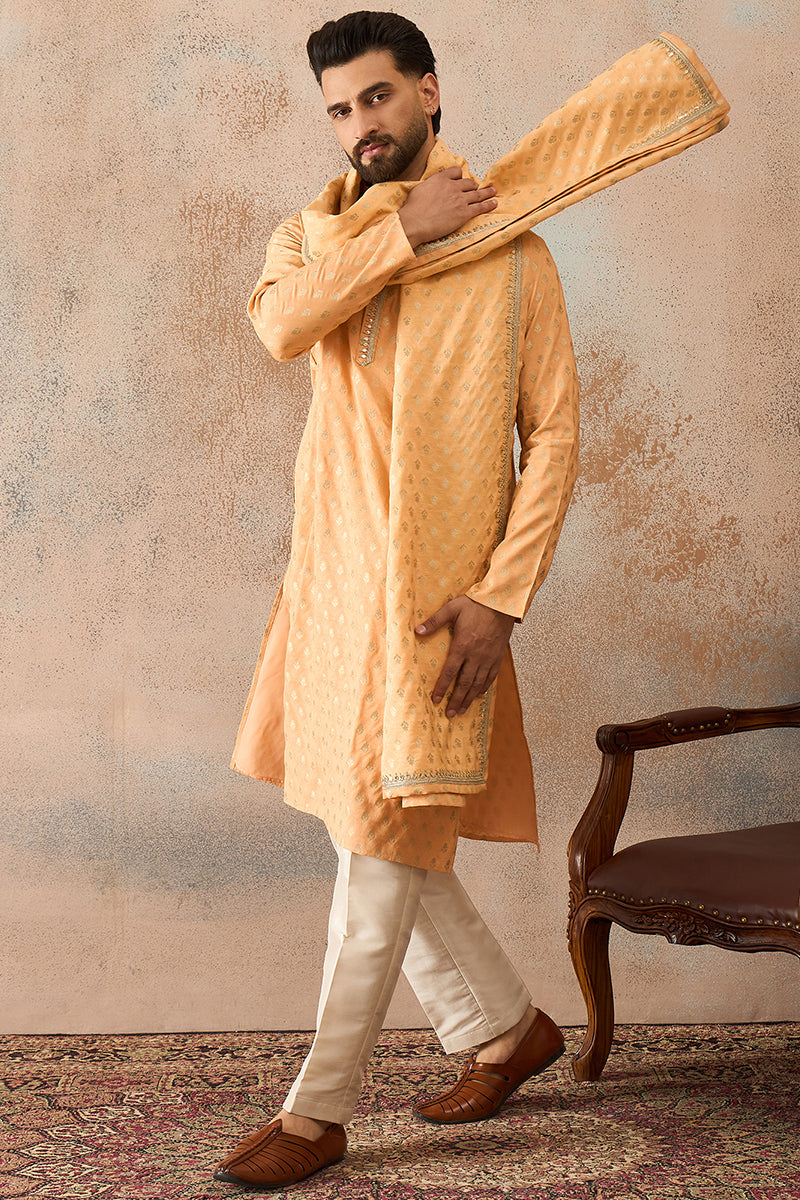 Men Peach Jacquard Woven Design Floral Straight Kurta Sets | SHOBITAM