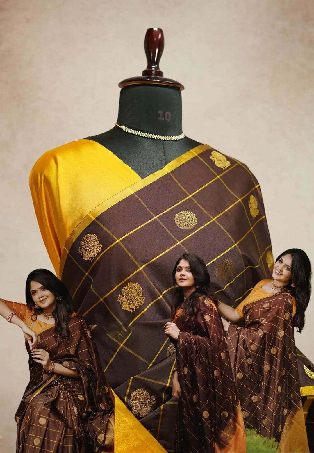 Preorder : Coffee brown Art Silk Saree with rudraksham mayil kattam body | SHOBITAM