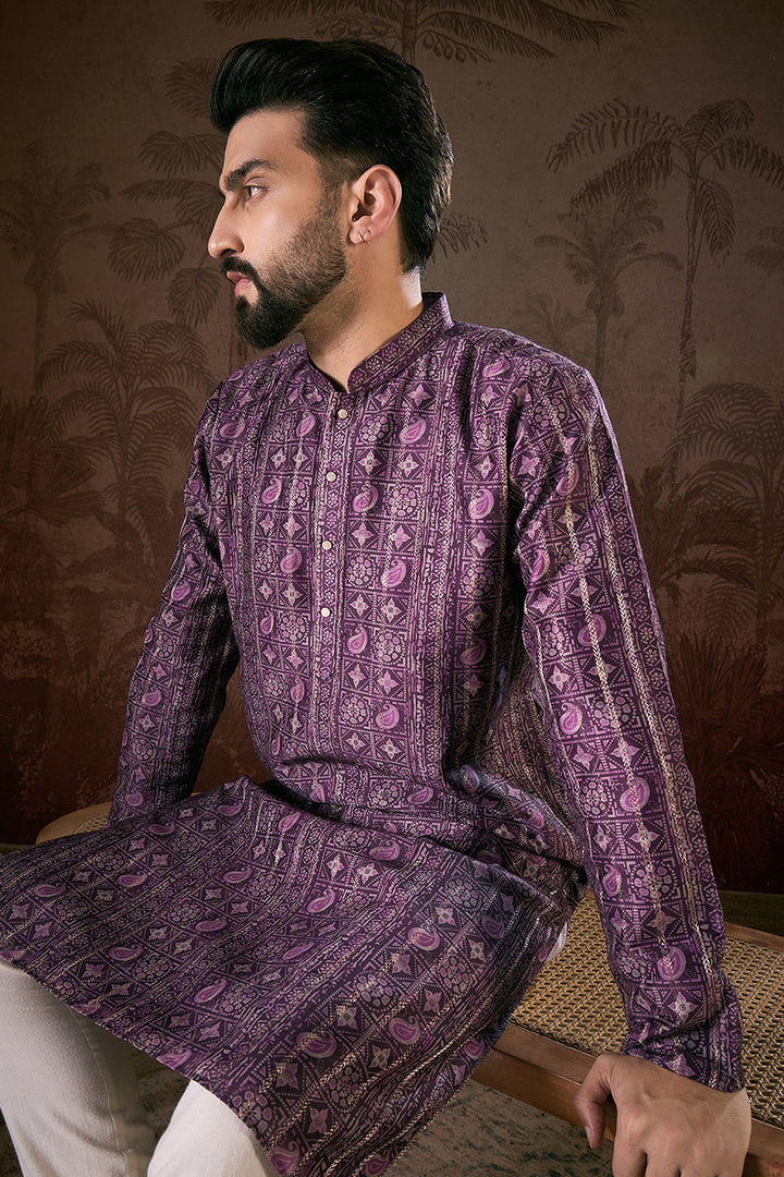 Purple Silk Blend Ethnic Motifs Printed Straight Kurta For Men | SHOBITAM