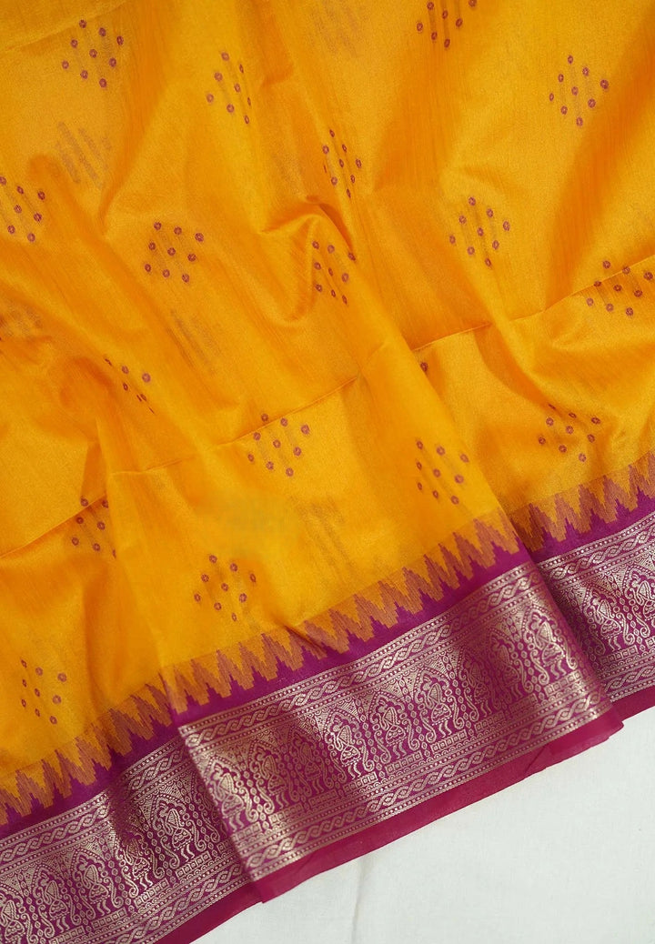 Turmeric Yellow And Pink Semi Silk Saree with Zari detailing | SHOBITAM