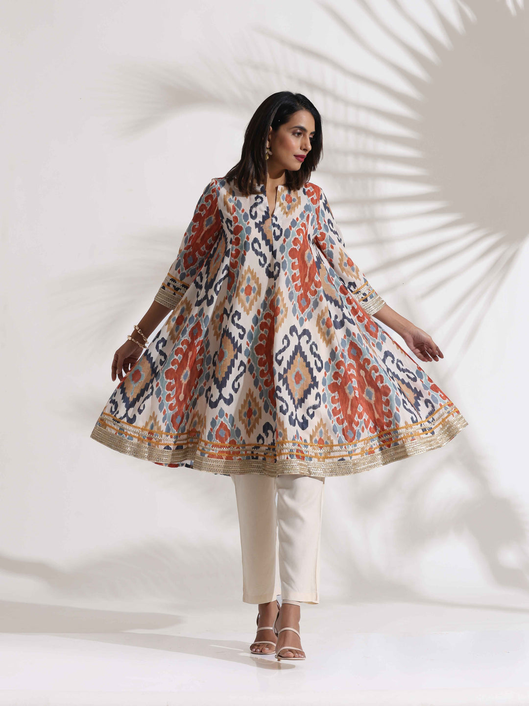 Off White Ikat Print Anarkali Kurta Co-ord Set | SHOBITAM