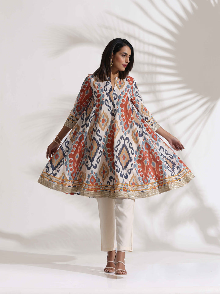 Off White Ikat Print Anarkali Kurta Co-ord Set | SHOBITAM