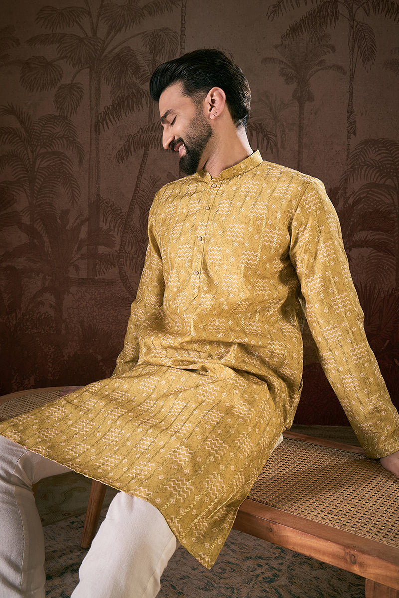 Mustard Silk Blend Ethnic Motifs Printed Straight Kurta For Men | SHOBITAM