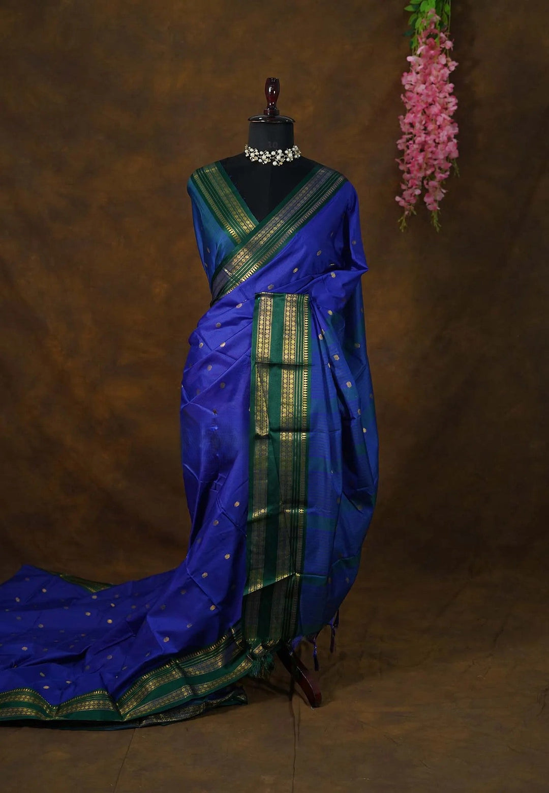 MS Blue Semi Cotton Silk Gadwal Saree with Rettapet Border with Buttas | SHOBITAM