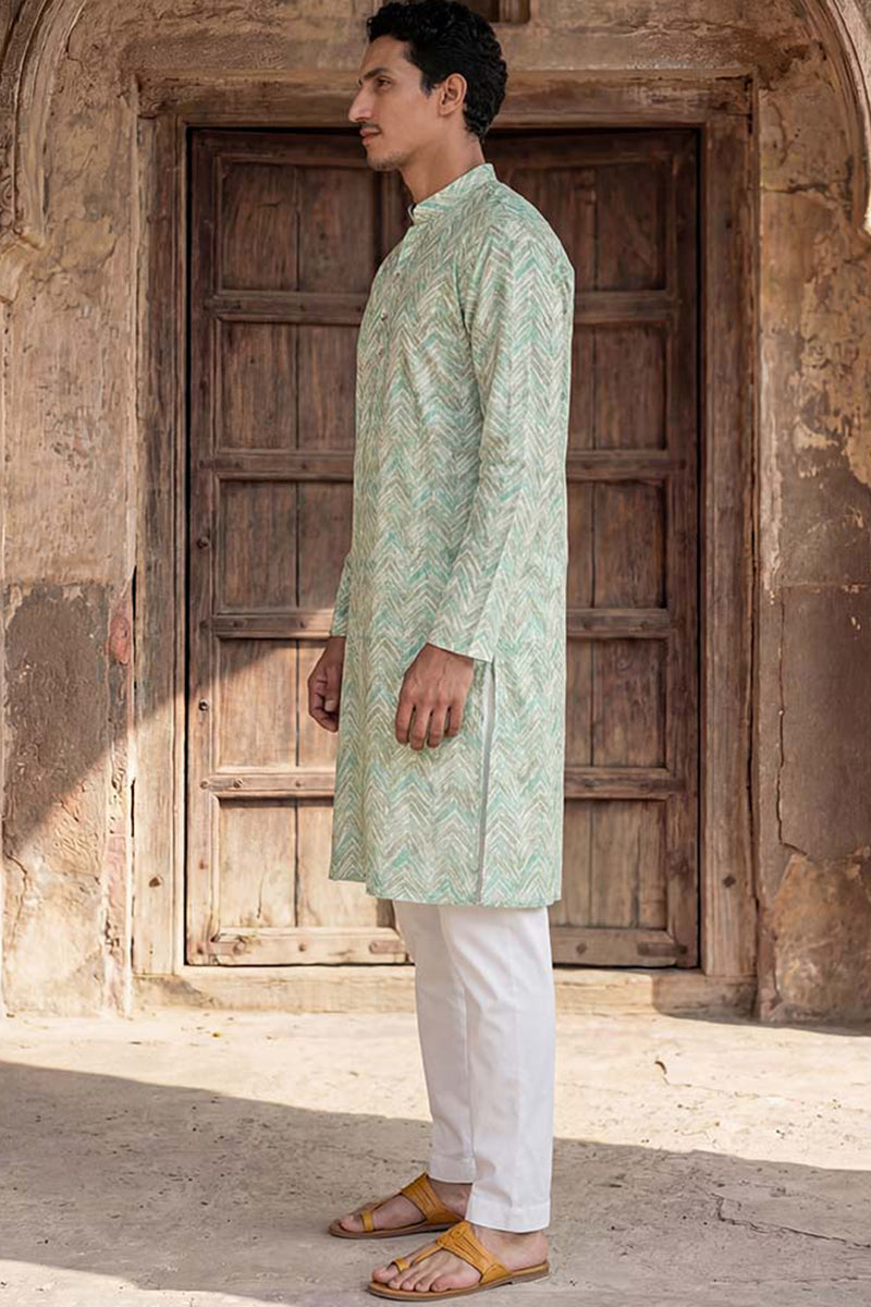 Green Linen Printed Straight Kurta  | SHOBITAM