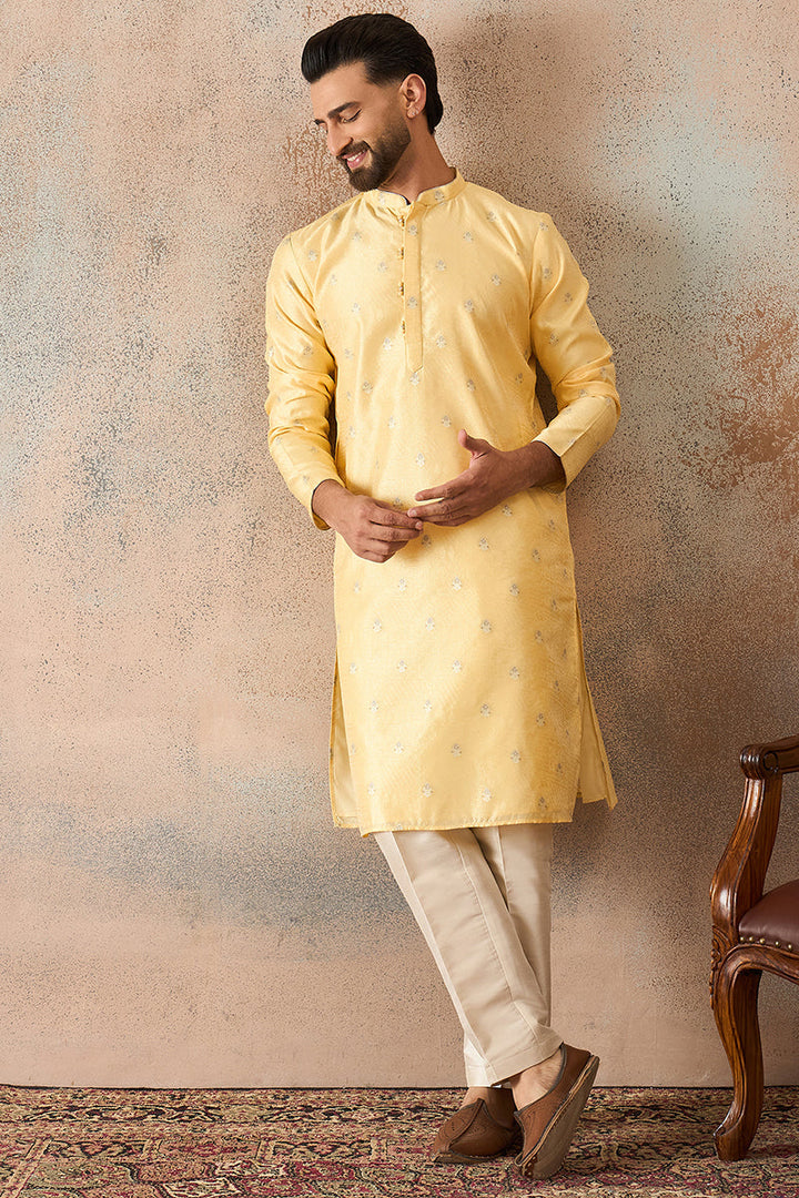 Mens Yellow Silk Blend Floral Straight Kurta With Trouser | SHOBITAM