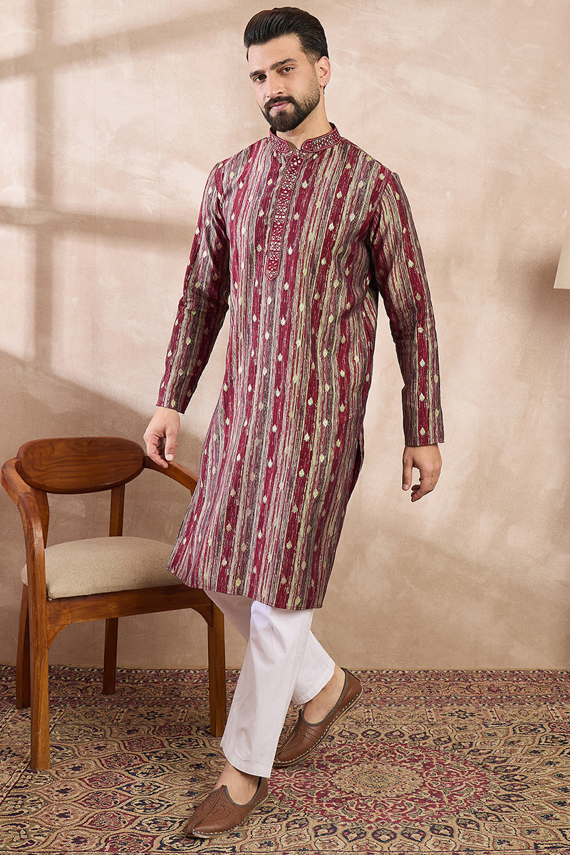 Maroon Silk Blend Abstract Printed Straight Kurta | SHOBITAM